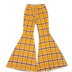Free People Just Float On Mustard Plaid Leg Flare Bell Bottom Pants